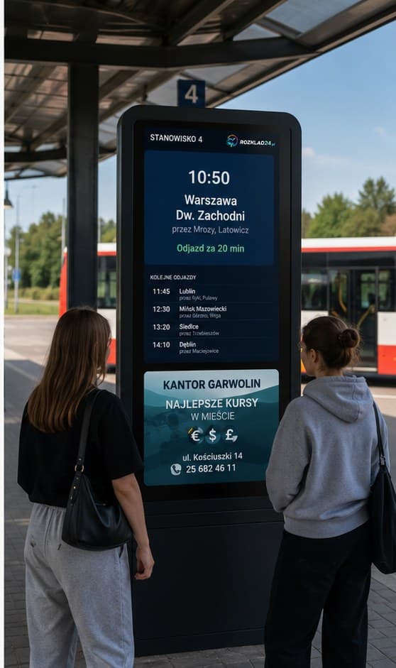 Wizualizacja — pasażerowie przy tablicy odjazdów